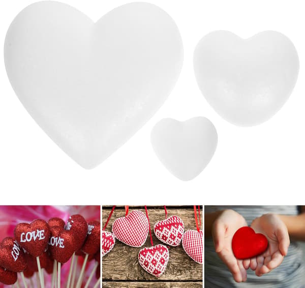 3 hvide skumhjerter til håndværk til Valentinsdag-dekorationer, bryllupshåndværk, skumhjerter i 60 mm