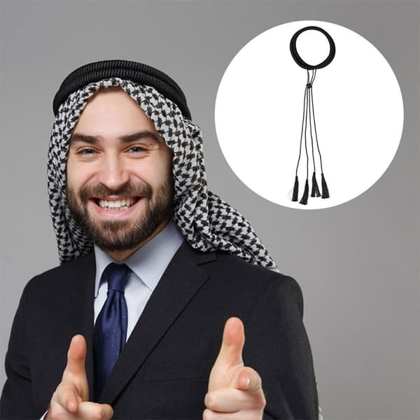 Arabisk Herrehodebånd Hårbånd med Svart Ullkvastfletter, Arabisk Hodeplagg for Utendørs og Kulturell Bruk