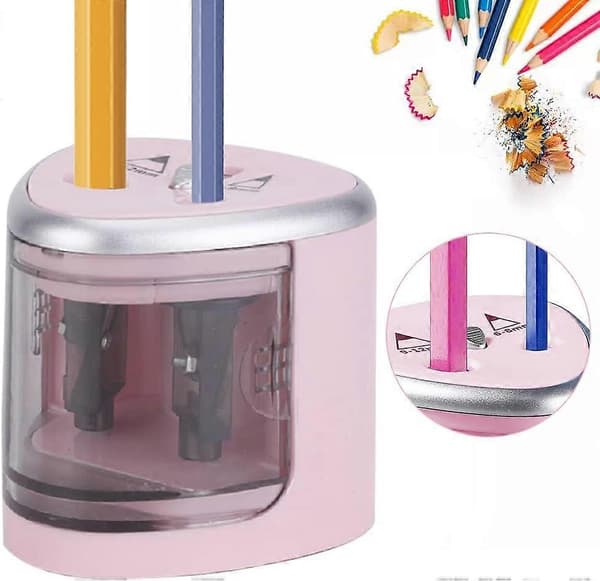 Electric Pencil Sharpener for Kids, Battery/Mains Powered, Dual Holes, Heavy Duty Automatic Pencil Sharpener, Cordless with Large Container, Pink