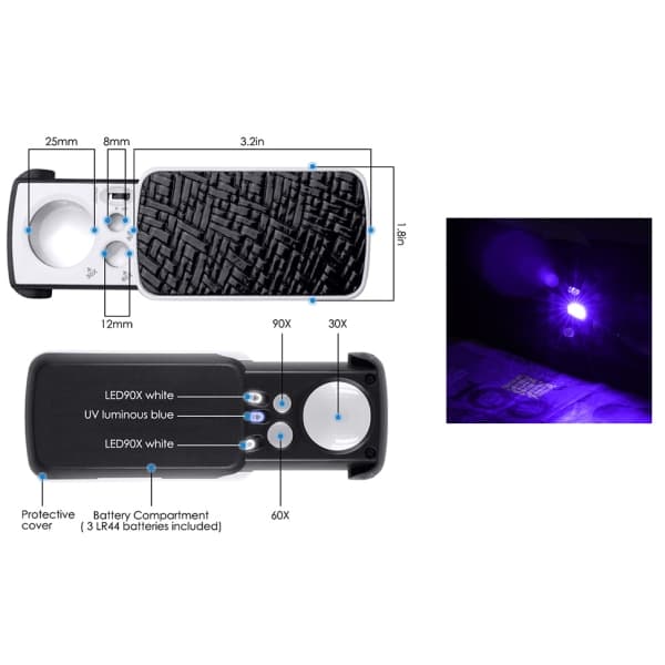 Ficklupp med LED-lampa, 30X 60X 90X Liten förstoringsglas