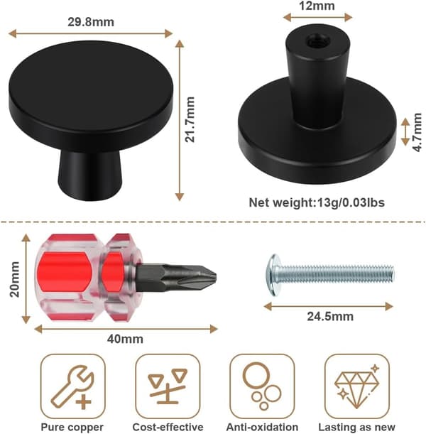 4 pcs Door Knobs, Furniture Knobs in Black, Round Cabinet Knobs, Drawer Knobs in Black, Kitchen Door Handles