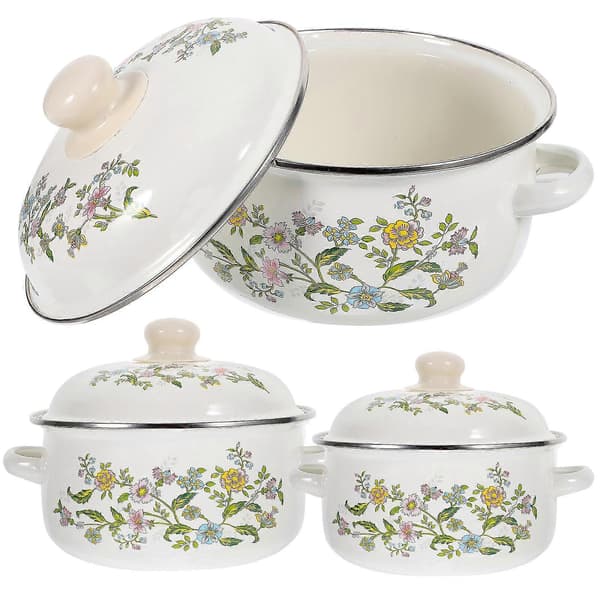 3 Pcs Cooking Pots Set Stockpots Flat Bottom Enamel Cooking Pot Soup Pot
