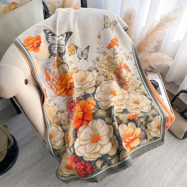 Double-sided shawl with floral and butterfly pattern in imitation cashmere, thickened, jacquard knit.