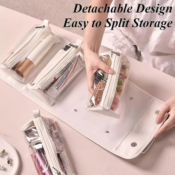 Leather 4 in 1 Roll Up Large Capacity Compact Waterproof Foldable Cosmetic Bag