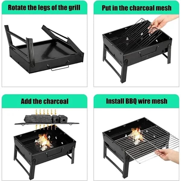Bærbar foldbar kulgrill med 2 klemmer i rustfrit stål til udendørs camping, picnic og grill i haven