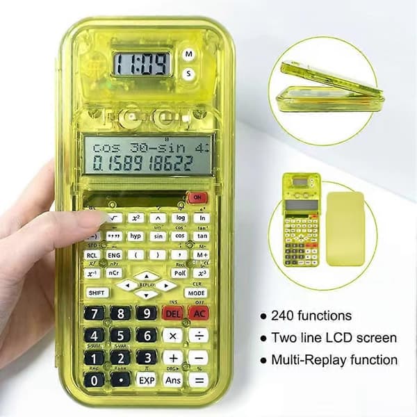 Luxmoc Multifunctional Scientific Calculator Transparent Pencil Case Time Display Scientific Function Calculator Yellow[DB] Yellow Yellow