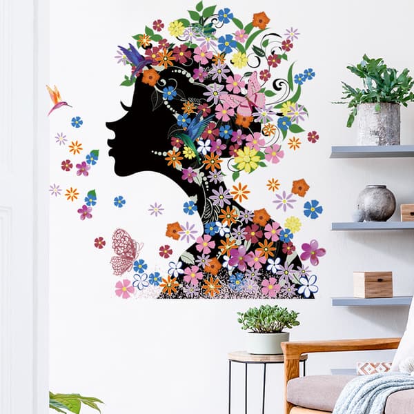 1 st Fé Flicka Väggdekal Färgglada Blommor Väggdekal Svart Pre