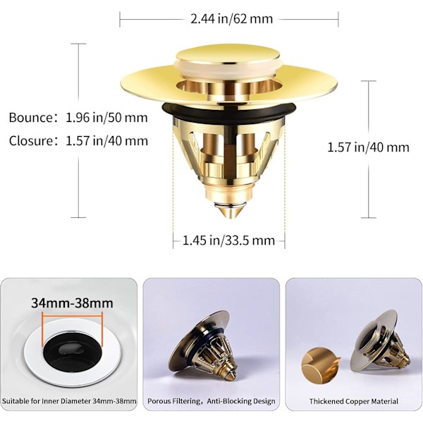 Pop-up drain filter with anti-clogging filter, universal drain plug