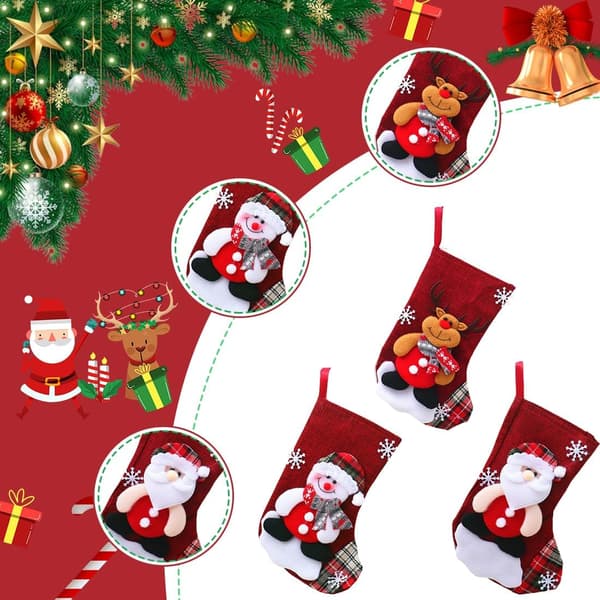 Julstrumpor, 3-pack, Julstrumpa, Juldekorationer, 3D Tomte, Snögubbe, Ren, Transparent Julstrumpa
