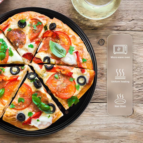 Round Pizza Pan with Vented Perforations in Carbon Steel and Easy Cleaning, Oven Baking Tray