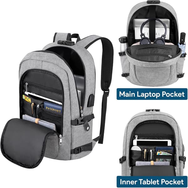 Antitheft Laptop Backpack, 15.6-17.3 Inch with USB Charging Port and Lock, Water-Resistant Travel Backpack Computer Bag for Women Men, Grey Gray