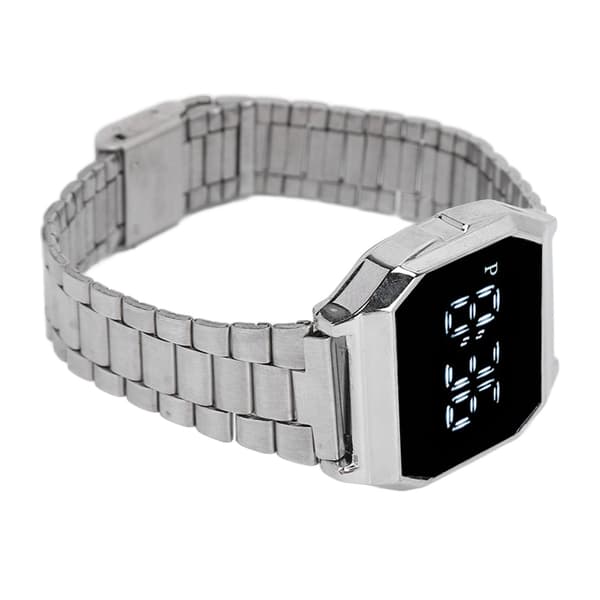 LED Watch for Student Tetragonum Digital Sports Watch with Folding Clasp Alarm Timing Night Light Function for Daily Use Silver