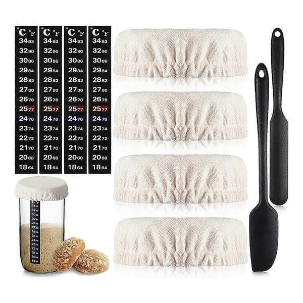 Erstatningssæt til surdejsstarterkit med stofbetræk, termometerstrimler, 2 spatler passer til 24 oz surdejsglas