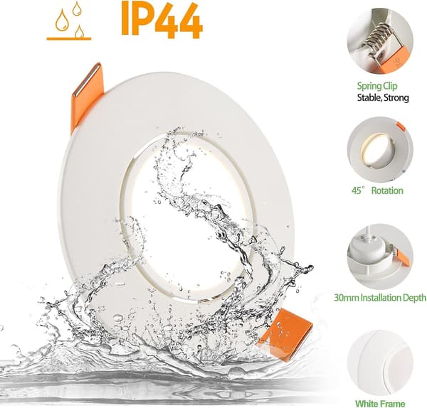 Dimmable Recessed LED Spotlight 5W 4000K Neutral White 460LM Extra Flat LED Spotlight 230V Adjustable 45° Hole Diameter 68mm Round White Bathroom