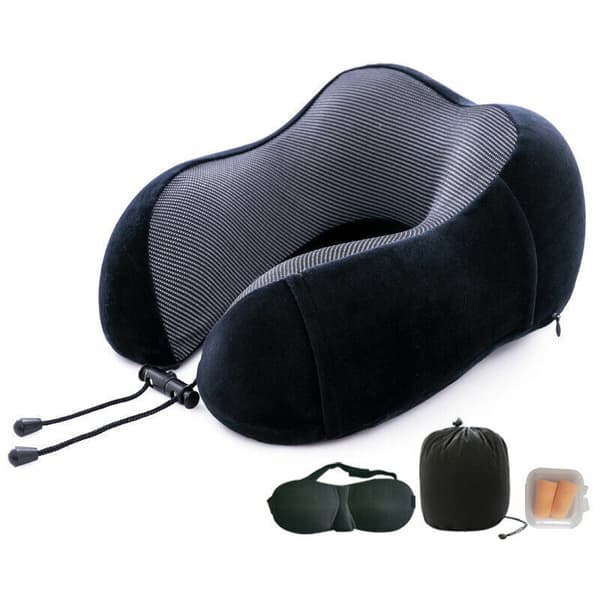 Reseset med nackkudde i memory foam, ögonmask, öronproppar och bärväska
