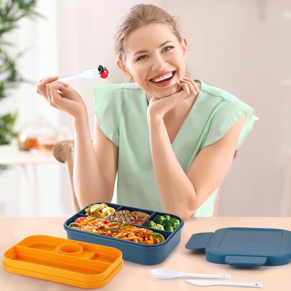 2000 ml stor Bento matboks, stablebar japansk matboks med 8 rom, med bestikksett, (blå)
