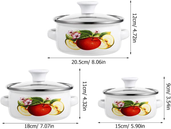 3 Pcs Small Enamel Pots, Flat Bottom Cookware, Enamel, Lightweight, One-Handed