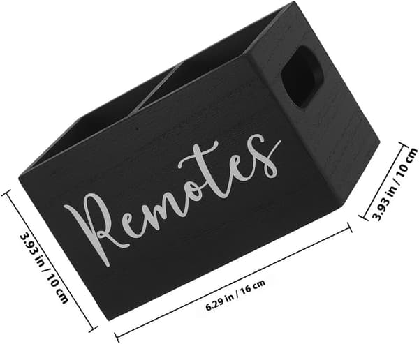 Fjernbetjeningsholder i træ med flere rum, opbevaringsboks til bordplade, rustik sort organizer