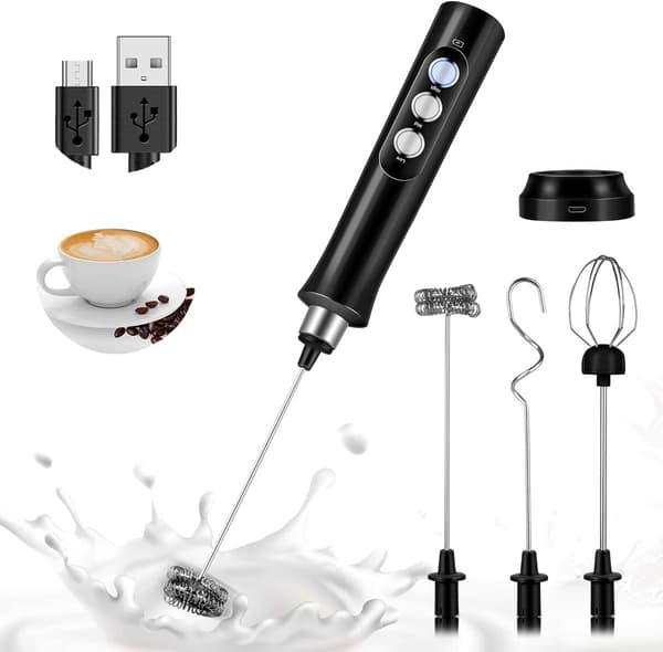 USB Mælkeskummer, Elektrisk Mælkeskummer, 3 Hastigheder Justerbar, med 3 Piskeris i Rustfrit Stål, til Kaffe, Matcha