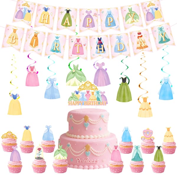 Prinsesse-festservice, inkluderer Happy Birthday-baggrundsbanner, til pigers prinsessefødselsdag, prinsesse-tema spisestel