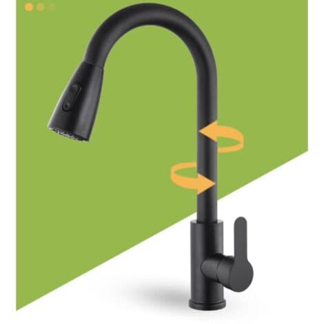 Black Stainless Steel Pull-Out Kitchen Faucet, Telescopic, Rotating, Hot and Cold