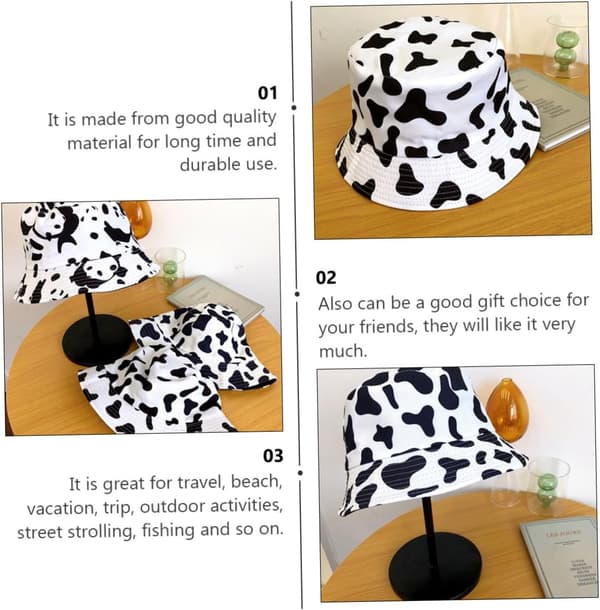 Sommer Essential Bomuld Bucket Hat Ko Print Fiskerhat til Strand Udendørsaktiviteter Hvid