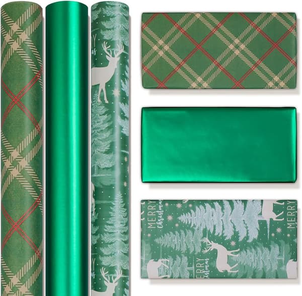 Presentpapper Stor Rulle 43cmx3m Grönt Presentpapper 3 Rullar Kraft Julpresentpapper Tryckt med Älg och Julgran Retro