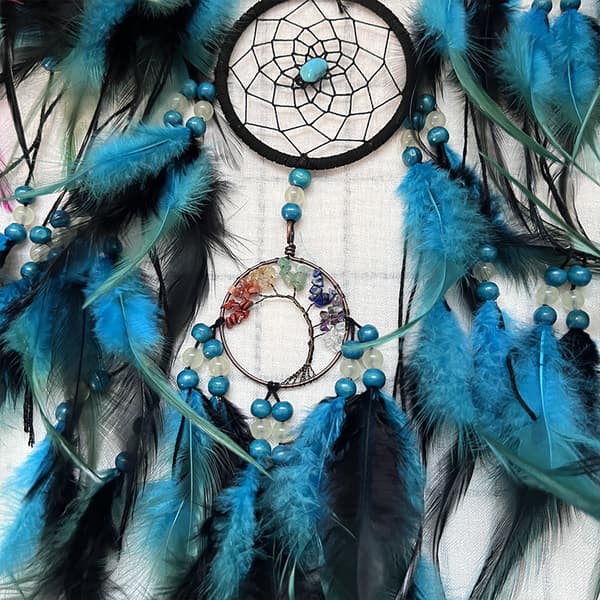 Large Dream Catcher with Beads and Real Feathers Blue Ø 15 cm