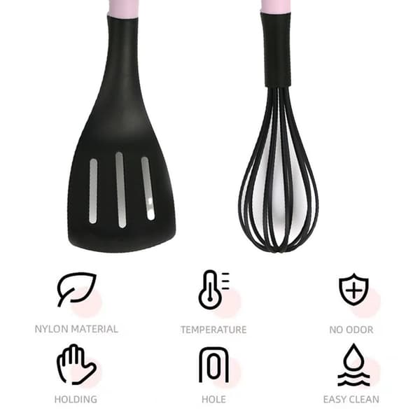 Rosa nylonspatel, non-stick stekpanna, speciell matsil, stekspade + visp KLB