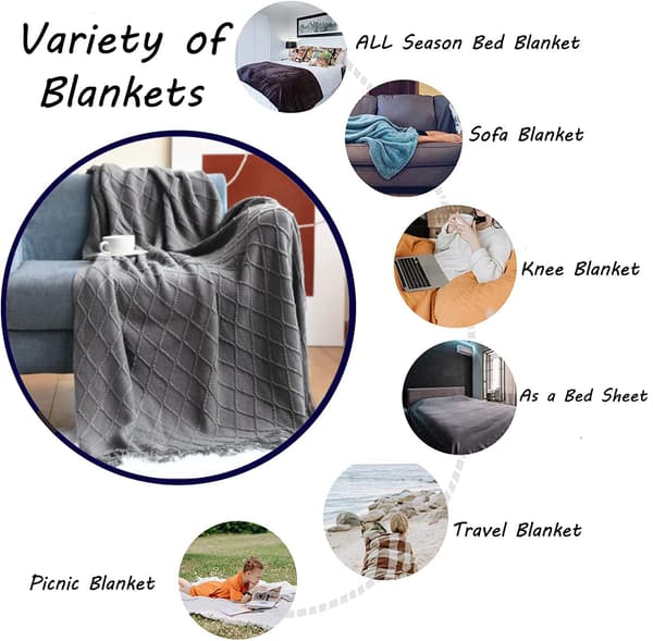 Blød strikket uldplaid med kvaster, hyggeplaid, sofaplaid, soveplaid, mellemgrå 150 x 200 cm grå grey