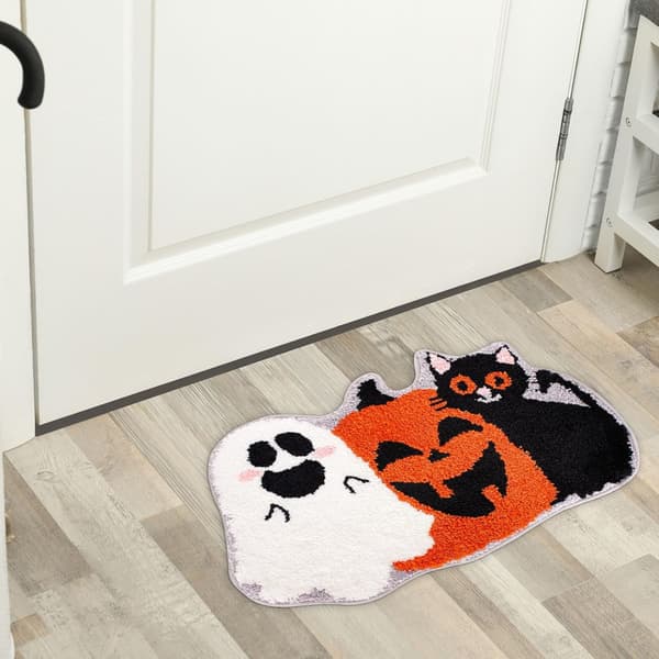 Halloween Græskar Spøgelse Sort Kat Mønster Badeværelsesmåtte (50*80cm), Skridsikker Brusemåtte Dørmåtte Entrémåtte Gulvmåtte