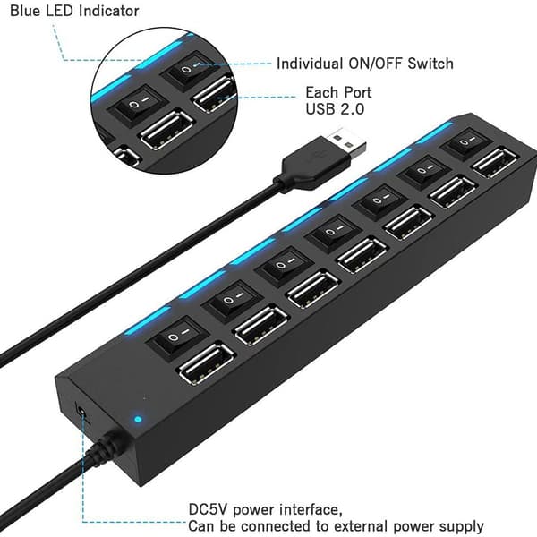 7-portars USB 2.0-hubb med individuella switchar och lysdioder, USB