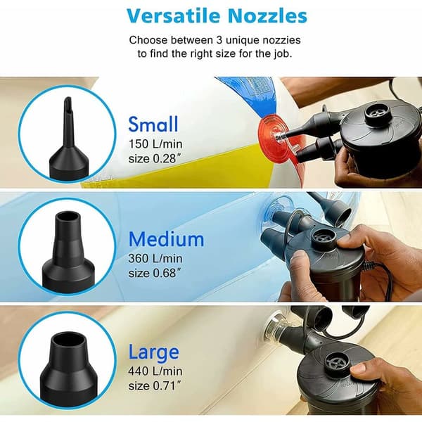 Electric Air Pump, 2-in-1 Inflatable Mattress Pump and Deflator, Pump with 3 Nozzles (Power Supply + Cigarette Lighter Socket)
