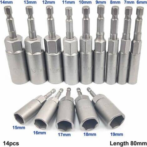 14-piece Deep Socket Set, 6-19mm Hex Adapter, 34mm Cutting Depth, Hex Socket for Screwdriver, Impact Driver, Socket Wrench