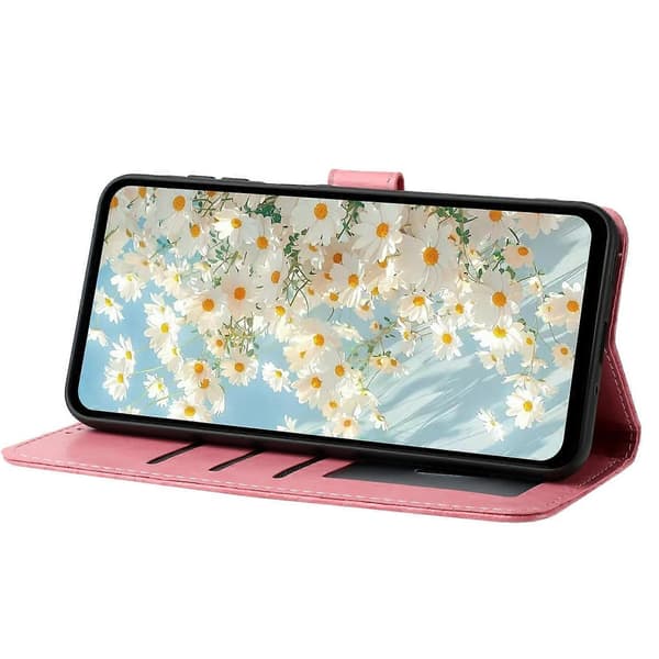 Kompatibel med iPhone 17 Pro Max Läderfodral med präglade prästkragar, plånboksfodral med stativ - Rosa Pink Pink