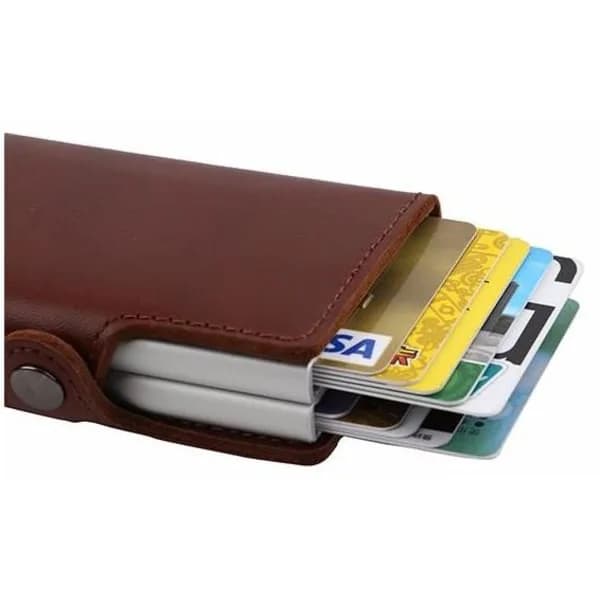 Double Anti-Theft Wallet RFID-NFC Secure POP UP Card Holder - 12 Cards Coffee Brown