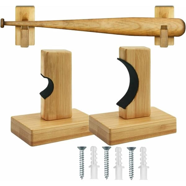 2 stk veggmonterte baseballbattholdere i brunt tre, displaystativ for baseballbatt med skruer