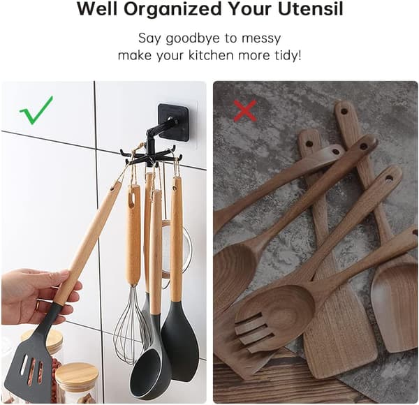 360-degree Rotating Kitchen Hook Rack with 6 Hooks, 2-pack, Drill-free Installation, Wall Organizer for Kitchen and Bathroom Storage