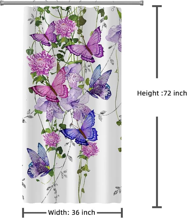Lilla badeforhæng med sommerfugle til badeværelset, sommer forår badeforhæng sommerfugle rustikke blomster badeforhæng med 7 kroge 36x72 tommer