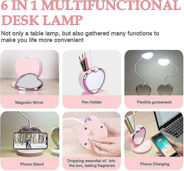 LED-bordlampe for barn, liten bordlampe med USB-ladeport, pennholder og telefonstativ