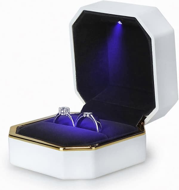 Luxury Ring Box, Velvet Ring Holder Jewelry Box Storage Gift Case with LED Light, White