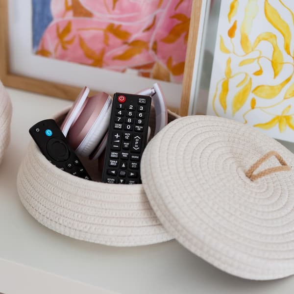 Rund Badrumsförvaringskorg, Bomullskorg med Lock | Hög | Off-White 25*18cm