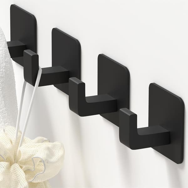 Self-Adhesive Towel Hooks 4-pack - Square Wall Hooks for Towels Jackets Kitchen Bathroom - Modern Black Design