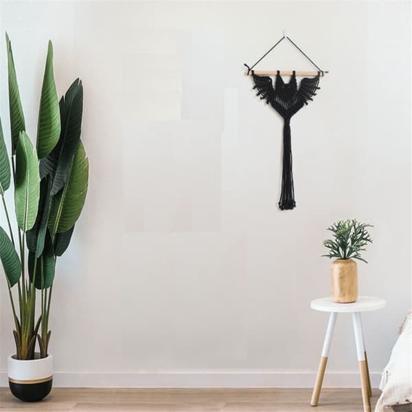 Halloween Bat Macrame Wall Hanging Geometric Art Decor Handmade Woven Gothic Ornament for Bedroom Black