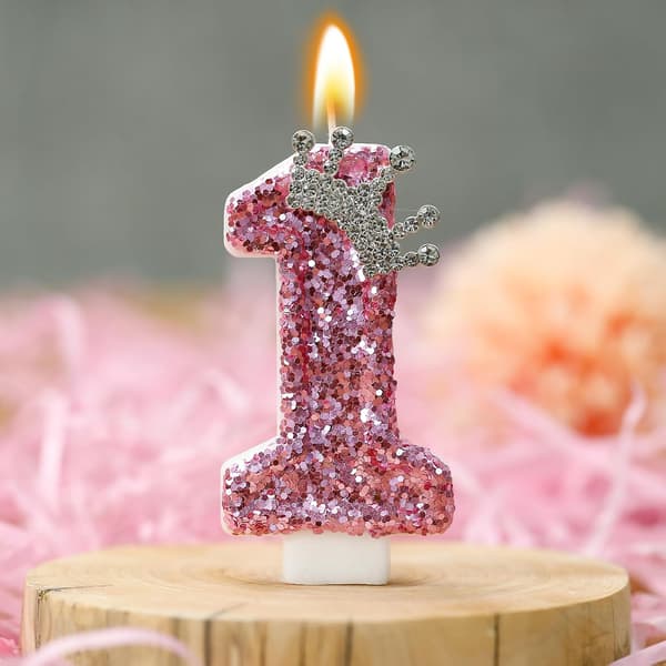 Bursdagslysnummer, rosa kronebursdagslys til kake, glitter nummer 6 lys kakedekorasjon med paljetter (rosa 1)