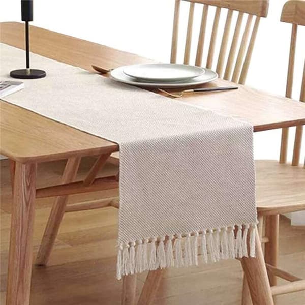 2X Cotton Fringe Table Runner and Woven Decorative Table Runner, Macrame Table for Kitchen Decor 13X70 Inch