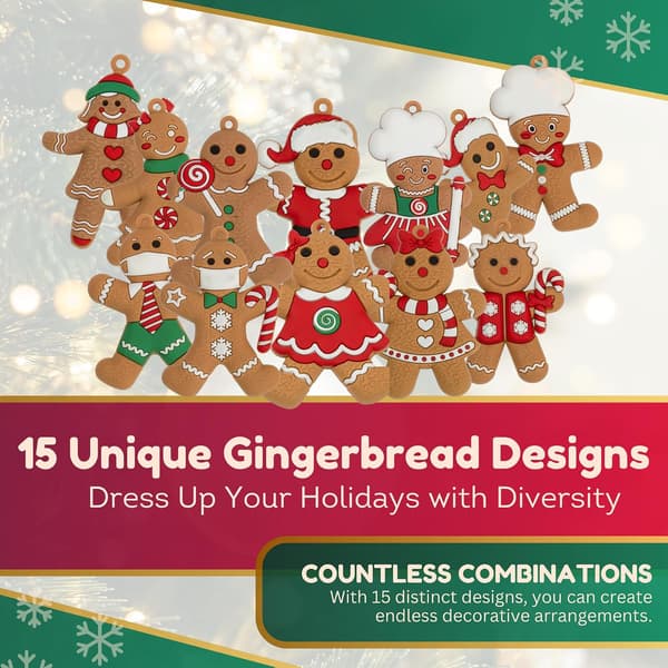 Gingerbread Ornaments - 15-pack with different gingerbread men - Easy to hang decorations and more