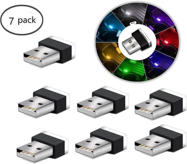 USB LED Bil Interiør Atmosfærelys, 7 stk. Plug-in 5V Universal Mini LED USB-lys til Bil Interiør Bagagerum.