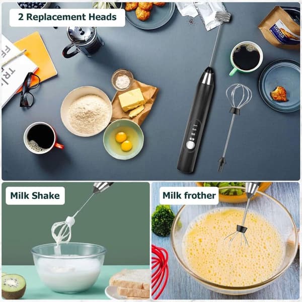 Elektrisk mælkeskummer, USB-genopladelig mælkeskummer og mini elektrisk piskeris, mixer i rustfrit stål, til kaffe, sort