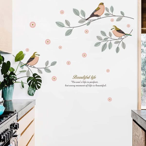 Wall Stickers Three Birds Resting On Branch Flowers Leaves Sticker